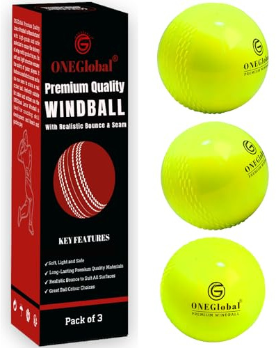 ONEGlobal Premium Windball Soft Cricket Ball | Durable, Embossed Seam, True Bounce & Swing | Wind Ball Cricket Balls for Outdoor & Indoor Practice, Coaching, Garden & Beach Games (3-FLUORO YELLOW)