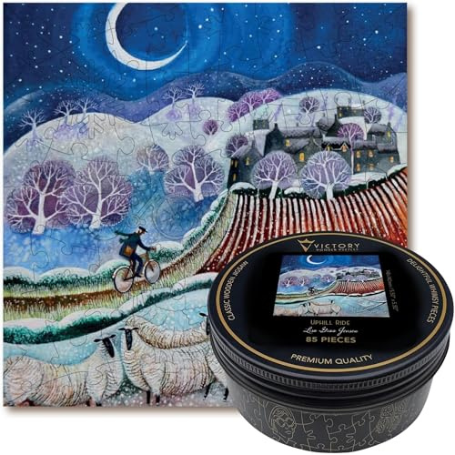 Victory Wooden Puzzles - 'Uphill Ride' Miniature Jigsaw Puzzle for Adults - 85 Pieces. Premium Linden Wood Garden Jigsaw Christmas Puzzle in Metal Storage Tin with Special 'Whimsical' Pieces.