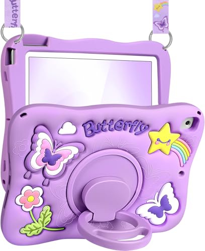 SurgeCraft for iPad 5th/6th Generation Case, Air 1st/Air 2nd, for iPad Pro 9.7 Inch Case - Girls Cute Girly Kawaii 3D Purple Butterfly Unique Design with Rotating Stand & Strap Soft Silicone Cover