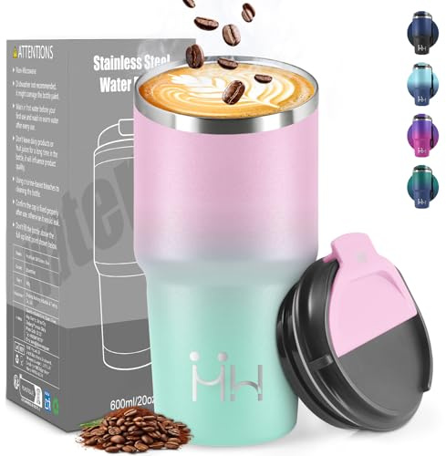 HoneyHolly Mug Isotherme 600 ML, Réutilisable, Tasse Isotherme pour Café, Acier Inoxydable 304, Emporter, Anti-fuite, Double Paroi, Étanche Gobelet de Voyage pour Café Chaud et Froid, Lait et Thé