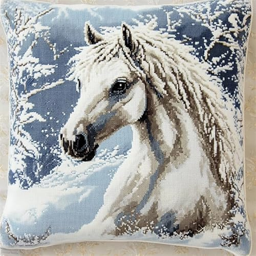 WallustrioaW knüpfteppiche & knüpfkissen Kissenbezug,Pferd im Schnee,Choices Knüpfteppich Zum Selber Knüpf-Sets mit Kissen knüpfen-Set,43x43cm