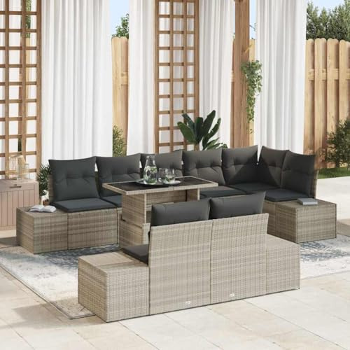 Qnhdfrt 9-teiliges Garten-Sofa-Set aus Poly-Rattan mit Kissen in Grau, modernes Outdoor-Loungeset mit Stauraum für Terrasse, Balkon und Wintergarten