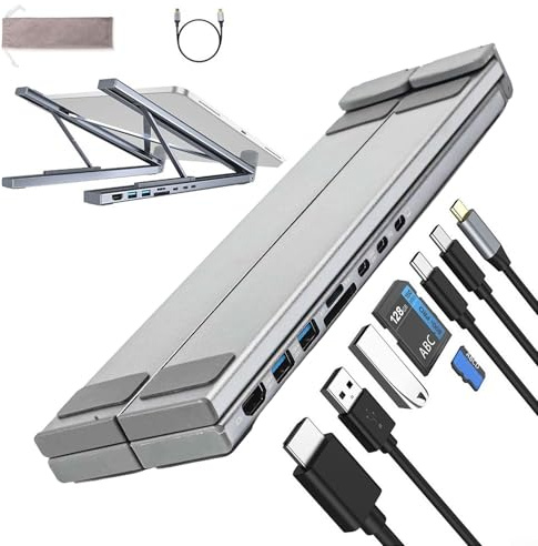 Jotekonoby Estación de acoplamiento para portátil 8 en 1 USB-C Hub con soporte ergonómico ajustable, 4K, USB-A/USB-C, ranuras para tarjetas SD/TF, carga rápida PD de 100 W