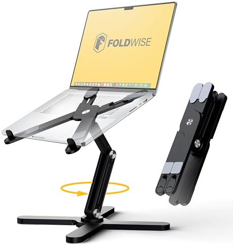 FoldWise X Premium Laptop Stand for Desk, 100% Aluminium with 360° Rotation | Adjustable Height & Angle Laptop Riser, Foldable & Portable Sturdy MacBook Stand for Travel - Fits all 11 to 18 inch Devices
