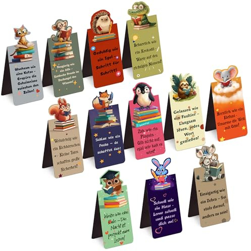 12 Magnetische Lesezeichen wasserfest, Markierer für Dokumente & Notizen | 12 Tiermotive & Sprüche, abgerundet, wasserdicht. Für Dokumente, Notizen, Kalender und als kleines Geschenk für Kollegen.