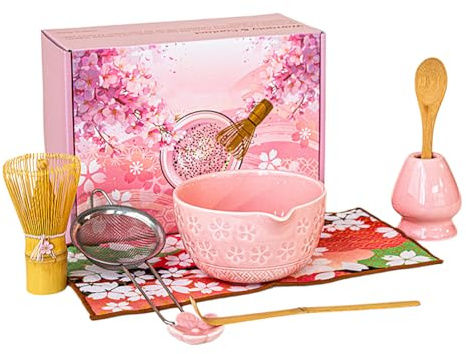VEGOATY 8 stycken Matcha-set: Matcha-set rosa med bambu matcha whisk, filterskärm, matcha skål med utlopp, sked och tehandduk, matcha teset för matcha-älskare