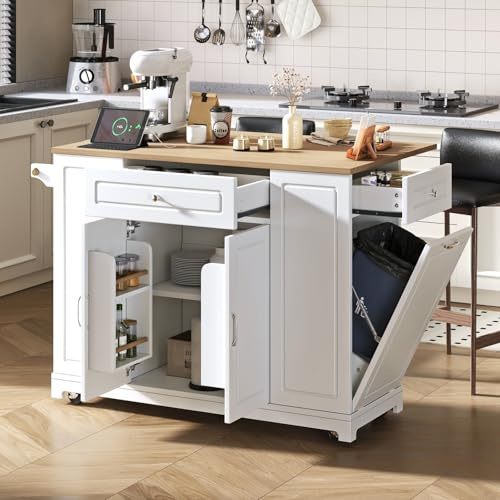 YEHTOKHOME Îlot de Cuisine avec 2 Prises et USB, Chariot de Cuisine avec Plan Rabattable, Compartiment de Poubelle, 2 Tiroirs, 2 Portes, roulettes Freinables, pour Salle a Manger (C-Blanc)