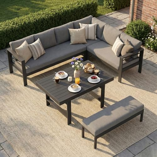 LANOX Aluminium Gartenlounge Set mit Esstisch, Grau | 5-teilig für 6-8 Personen, wetterfestes 6061 Alu-Gestell, 12 cm Kissen, Polywood Tischplatte, für Terrasse & Garten