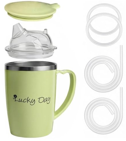 Vervora Adult Sippy Cup for Elderly, 3-in-1 Stainless Steel Non Spill Cups for Elderly with Long Flexible Straws & Dust Lid, Spill Proof Beaker 350ml