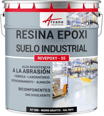 ARCANE INDUSTRIES Pintura epoxi para suelos industriales - REVEPOXY TRÁFICO INTENSO - 5 Kg (hasta 10 m² en 2 capas) Negro Grafito - RAL 9011