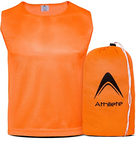 Athllete Duramesh Trainings-Leibchen, Übungsleibchen mit Tragetasche, 12er-Set, Größen für Kinder, Jugendliche, Erwachsene und Übergrößen für Erwachsene, Flame Orange (12 Stück), Medium