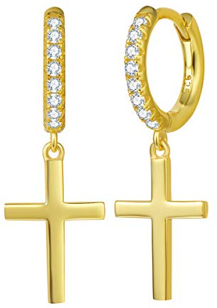 Créoles Boucles D'oreilles Petite pour Femme en Argent 925/1000 Plaqué Or Jaune avec Pendantes en Forme Croix Cadeau Bijoux pour Femmes Filles Enfants - Dimension: 30 * 10 mm