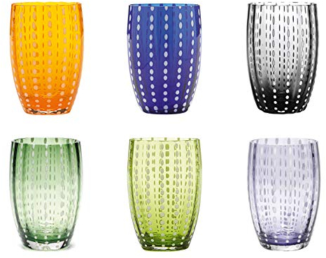 Zafferano Perle - Vaso Tumbler Hecho a Mano de Vidrio de Color Transparente, cl 32 h 109mm d 71mm, Juego de 6 Piezas - Colores Variados