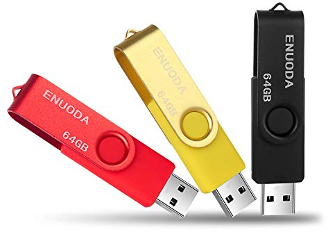 ENUODA Lot de 3 Clé USB 64 Go USB 2.0 Flash Drive Stockage Rotation Disque Mémoire Stick avec Lumière LED (Noir Or Rouge)