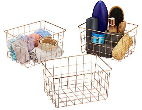 Relaxdays Trådkorg set om 3, rektangulära, gallerkorg för förvaring, HBT: 15,5 x 28 x 20 cm, dekorativ metallkorg, koppar