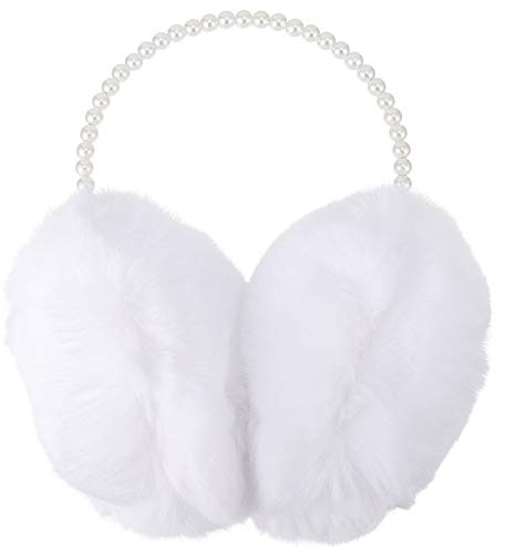 Warm Earmuffs Damen mit Perle Pelzige Süße Ohrenwärmer winter niedliche Stirnband Weihnachten Neujahr für Damen Mädchen (Weiß)