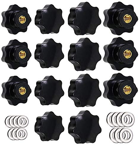 Greluma 14 Stk Rändelgewinde Klemmknopf M6 & M8, Sterngriff, Handknöpfe in Sternform Schwarzer Kunststoff Griff Klemmknopf mit 14 Stk Unterlegscheiben