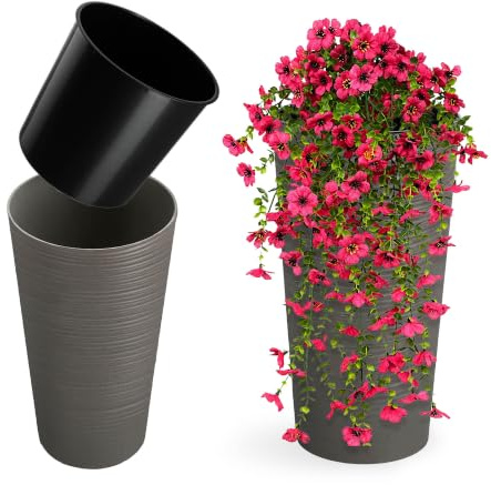 KADAX Pflanzkübel mit Innentopf Grau Ø 19 cm, Höhe 36.8 cm – Moderner Pflanztopf mit Einsatz, Blumentopf aus robuster Kunststoff für Innen- und Außenbereich, ideal für Wohnzimmer, Balkon, Büro