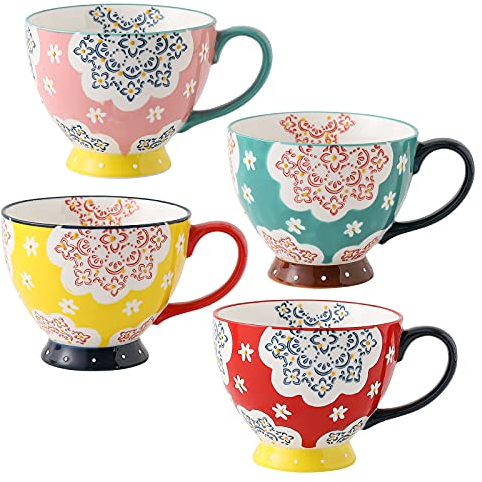 superyes Large Coffee Mugs-Sets of 4, Coffee Cups Set for Tea Milk Latte Cappuccino Cereal Hot Chocolate Soup, Gift for Friend, Family 15 OZ(Flower)