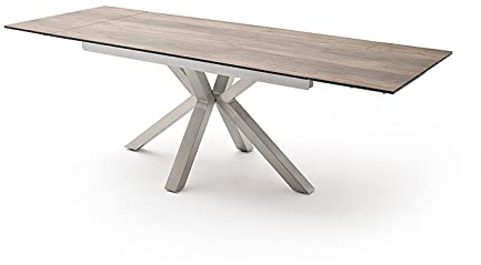 NAGANO Esstisch Glas-Keramik mit vormontierten Stirnauszug, ausziehbar bis 240 cm, Tischplatte aus Sicherheitsglas mit Keramikoberfläche, Edelstahl Gestell mit Tischplatte in Holzoptik Barrique