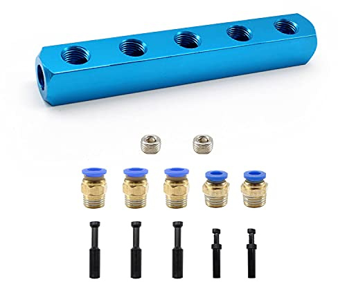 SRJQXH Pneumatik Verteiler 1/4, 5-Wege Verteiler Anschluss, Druckluftverteiler, mit Pneumatik Steckverbinder, Sechskantstopfen und Rohrstopfe, für Pneumatische Werkzeuge