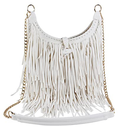 LUI SUI Damen handgefertigte Leder Franse Quaste Crossbody Hobo Schultertasche Umhängetaschen (Weiß)