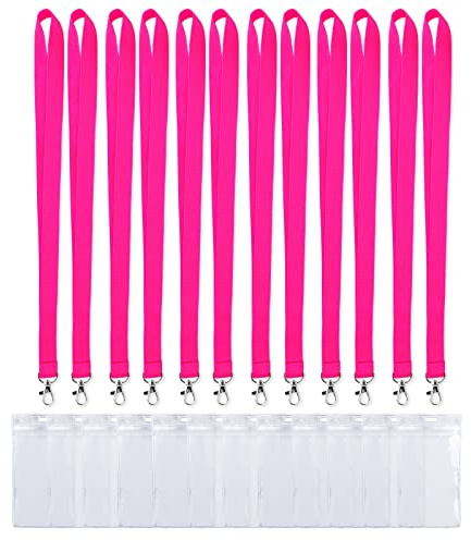 CANWELUX 12 Pack Neon Hot Pink Lanyard for ID Badges,Lanyard with Anti-Lost ID Holders for Cruise (Neon Hot Pink,12Pack)