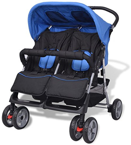 ZHOUMIN Carrito para Gemelos, Cochecito Bebe, Coche Bebe, Baby Stroller, de Acero Azul y Negro