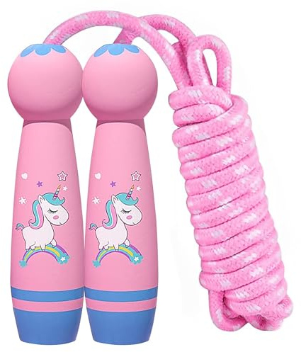 Springseil für Kinder, verstellbares Springseil 260 cm mit Cartoon-Holzgriff, Regenbogen, Fitness und Knochenentwicklung ab 4 Jahren, Fitnessgeschenk für Jungen u