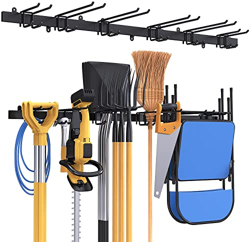 Bomclap Garagen Gerätehalter 51 inch, Metall Wandhaken 12 Haken Werkzeugregal Wand Werkzeughalter für Garagen Keller Werkstatt Besen Rechen Werkzeug Organizer (Schwarz)