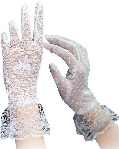 Vctitil Weiße Spitze Bogen Hochzeit Handschuhe Voller Finger Kurze Braut Handschuhe Fischnetz Gothic Mesh Handschuhe Sheer Tüll, Weiss/opulenter Garten, Einheitsgröße