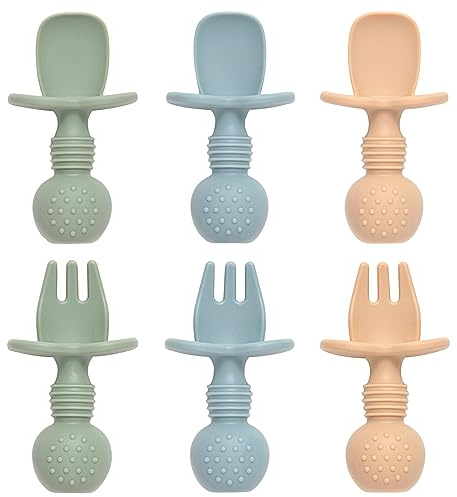 Eascrozn Baby Spoons and Forks Feeding Set, 6 Pack Silicone First Stage Self Feeding Toddler Utensils, BPA Free, Baby Led Weaning Supplies for Training Spoons