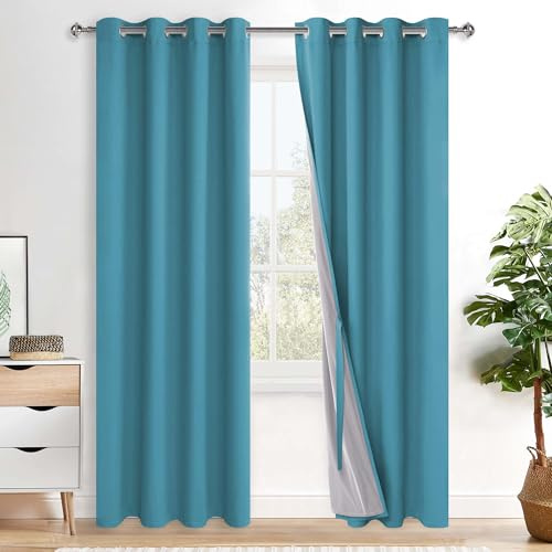 XWZO 100% Blickdicht Vorhänge, Doppellagige Dicker Verdunklungsvorhänge mit Ösen, Schallschutz Thermovorhänge 2er Set Schlafzimmer Gardinen, Blackout Curtain, 200x140 cm(HöhexBreite), Türkis