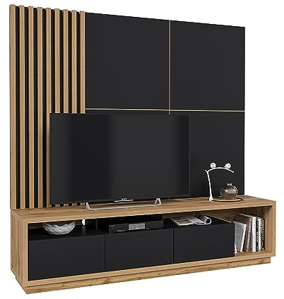 Lomadox Wohnwand TV-Wand braun & schwarz 3-teilig Modern mit Eiche Nb. inkl. TV-Lowboard