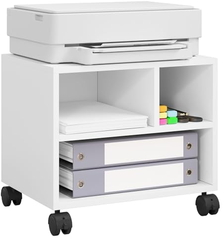 WOLTU Druckertisch mit Rädern, mobiler Druckerständer, Druckerhalter, Druckerwagen auf Rollen, Bürocontainer rollbar, Aktenwagen, mit 3 Fächern, für Büro Arbeitszimmer, 40x35x30 cm, weiß, ASK06ws
