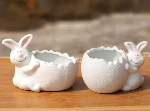 2 Stück 7,6 cm weiße Osterhasen mit Eierschalen-Pflanztöpfe, Mini-Osterhase aus Keramik mit Ablaufloch, kleiner Übertopf für Kakteen, Sukkulenten, Heimdekoration, 7,6 cm