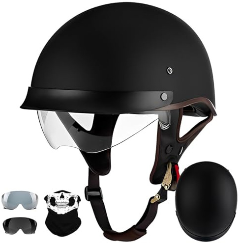 Casques Jet, Demi-Casque Moto Vintage Homologué ECE, Rétro Casques Bols avec Pare-Soleil et Boucle à Dégagement Rapide Réglable, Casque Ouvert pour Scooter Vélo Cruiser 57~64cm