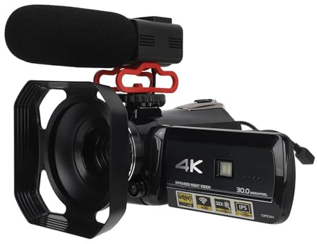 Syrisora Videocamera 4K Videocamera Videocamera, 4K 30MP Ultra HD 3.0 Pollici IPS Touchscreen con Rotazione IR Visione Notturna Antivibrazione con Paraluce per Microfono Staffa Portatile