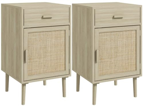 HOMCOM Juego de 2 Mesitas de Noche con Cajón de Ratán 40x40x68,5 cm Roble | Mesillas de Noche, Mesitas Auxiliares, Estante Ajustable, Pack de 2, Dormitorio, Salón