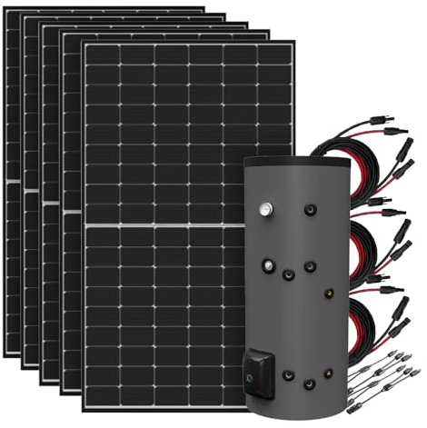 Offgridtec Sistema di Preparazione Acqua Calda Solare da 2,25kW con Boiler Ibrido Fothermo da 200L, Plug & Play, Backup fino a 1800W, Temperatura Max 65°C, Cinque Pannelli Solari Bifacciali N-TOPCon
