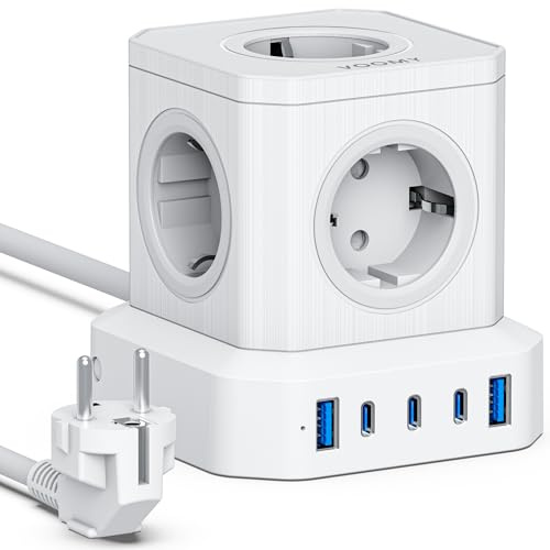 VOOMY Multiprise 65 W, cube avec 3 ports USB-C et 2 chargeurs USB, station de charge avec câble d'extension de 2 m, protection contre les surtensions