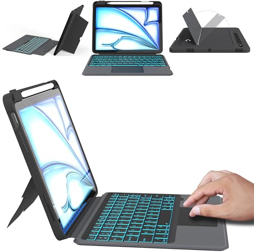 Funda con teclado extraíble para iPad Air 11 2024 (M2)/iPad Air 5/Air 4/iPad Pro 11 (4/3/2/1 Gen) - Retroiluminación de 7 colores, Touchpad inteligente, francés AZERTY, Despertador/espera automático