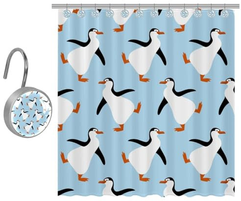 VAPOKF Duschvorhang mit niedlichen Pinguine auf blauen Drucken, Polyester, Duschvorhang-Set mit 10 Edelstahl-Haken für Badezimmer, rustikales Bauernhaus, 167 x 182 cm