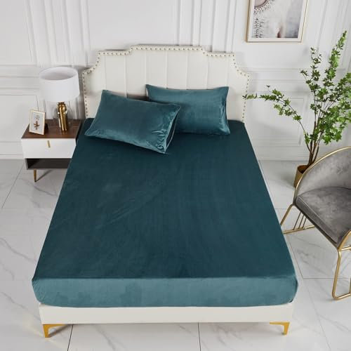 Luowei Winter Warme Spannbettlaken 180x200cm Cashmere Touch Kuschelig Flauschig Plüsch Petrol Blau Flanell Bettlaken Spannbetttuch für Boxspringbett Topper Matratze bis 30 cm Hohe