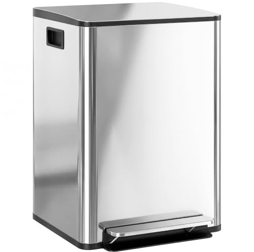 HOMCOM Mülleimer für die Küche, 2 x 20 l, Treteimer, 2 Fächer, Edelstahl mit Soft-Close-Deckel, abnehmbare Eimer, 41,8 x 36,7 x 58 cm, silberfarben