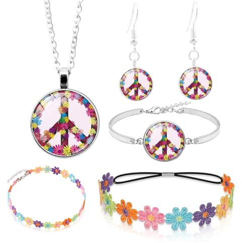 PASLFC Hippie Kostüm Set,5 Stück Hippie Kostüm Damen Accessoires,70er hippies flower power accessoires,Peace Kette Und Ohrring,60er 70er Jahre Bekleidung,Motto Party Halloween Fasching Karneval