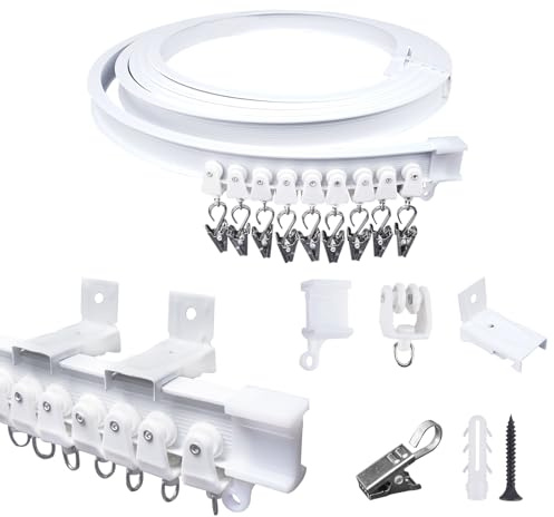 FOGAWA Flexible Vorhangschiene Wandmontage 4 m Wandvorhangschiene Gardinenschiene mit 32 Vorhangklammern Wandschiene für Duschvorhangstange Raumteiler Vorhangschienensystem mit Wandhalterung Weiß