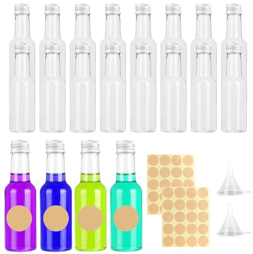 Mini Botellas Licor,Liwein Botellitas de Licor Pequeñas,Botellas Pequeñas de Plástico Vacías,Mini Botellas Alcohol con Embudo y Etiquetas,para Bodas y Fiestas (Plata 100ml*20)