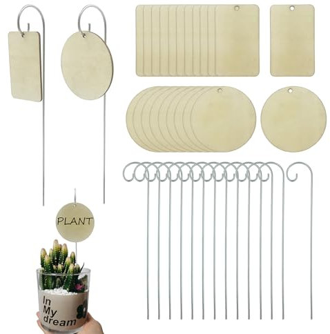 DUGYIRS 50 Set Etichette per Piante,Segni di Etichettatura della Spina della Pianta in Legno per Esterno,Verdura,Fiori,Bonsai (Quadrato,Rotondo)