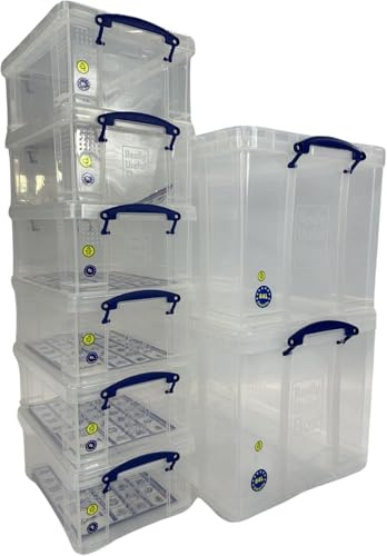 Really Useful 2 x 84 Litre & 6 x 9 Litre Clear Plastic Storage Boxes with Lids
